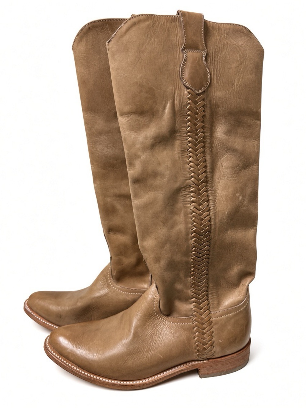 Lucchese Tall Shaft Cowboy Boots – Braided Detail – Tan/Camel Leather – Unworn - Picture 1 of 16